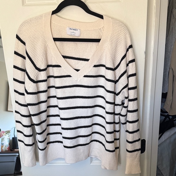 Old Navy Sweaters - Old Navy Cream and Black Striped V-Neck Sweater
